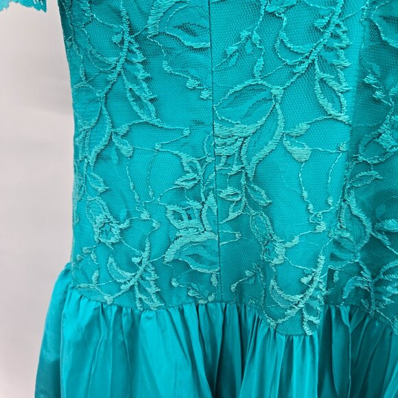 Vintage Carmella's Creation Teal Lace Taffeta 80s Formal Prom Dress Size 12 - Picture 13 of 16